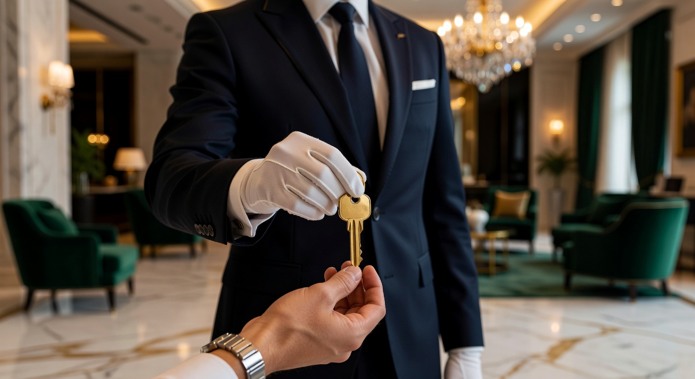 Luxury concierge service handing gold room key